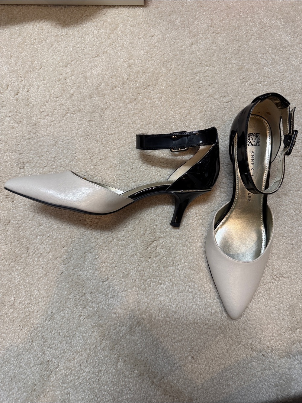 Anne Klein Two-Tone Pointed Toe Ankle Strap Pumps in White and Black